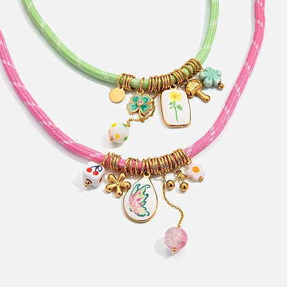 304 круглые ожерелья с подвесками из эмали, фарфора и смолы из нержавеющей стали и хлопкового шнура, золотые