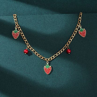304 Женские ожерелья с подвеской в виде клубники из нержавеющей стали с красной эмалью, с пластиковыми бусинами из искусственного жемчуга, ионное покрытие (ip)