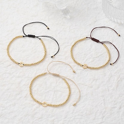 3Pcs Brass Round Beads Braided Bead Bracelets, Nylon Thread Bracelets for Women, Ring with Word Love, Real 18K Gold Plated