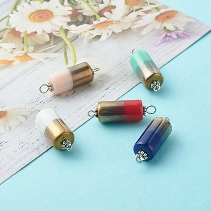 Demi-perles de verre opaque galvanoplastie liens connecteurs, deux tons, avec des perles d'espacement de marguerite en alliage de style tibétain et une épingle à œil en fer, colonne, couleur mixte