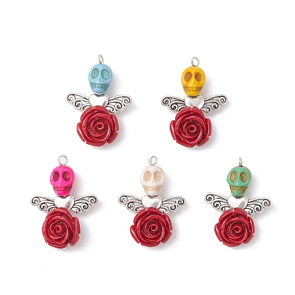 Подвески в виде черепа из синтетической бирюзы и розы из смолы, Подвески-ангелы с крыльями из сплава старинного серебра