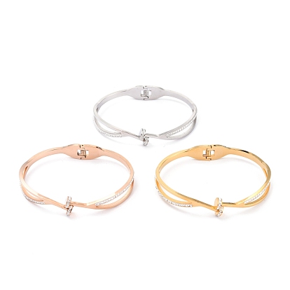 304 Stainless Steel Bangles, with Polymer Clay Rhinestone, Flat Round, Crystal