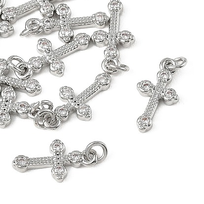 SHEGRACE Brass Micro Pave Clear Cubic Zirconia Pendants, Cadmium Free & Nickel Free & Lead Free, Cross Charms