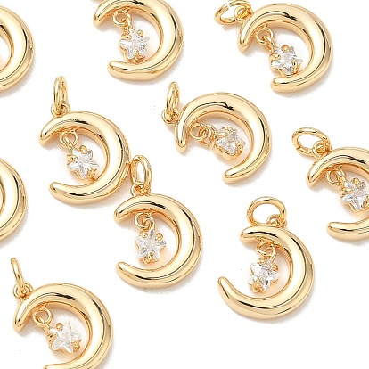 SHEGRACE Brass Micro Pave Cubic Zirconia Pendants, Cadmium Free & Nickel Free & Lead Free, Moon Charms, Clear