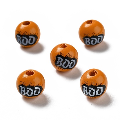 Halloween Spray Painted Wood Beads, Round with Word Boo