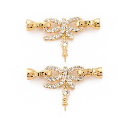 Brass Micro Pave Clear Cubic Zirconia Peg Bails Fold Over Clasps, for Half Drilled Bead, Nickel Free, Bowknot