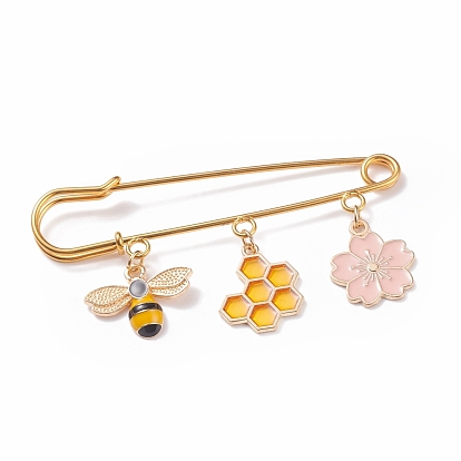 Bees Beehive Flower Enamel Charm Safety Brooch Pin, Iron Lapel Pin for Clothes Scarf, Golden