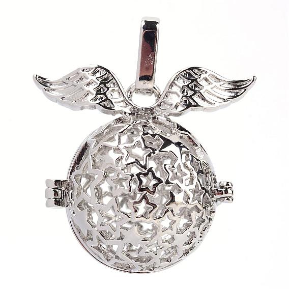 Rack Plating Brass Cage Pendants, For Chime Ball Pendant Necklaces Making, Hollow Round with Wing