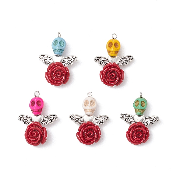 Подвески в виде черепа из синтетической бирюзы и розы из смолы, Подвески-ангелы с крыльями из сплава старинного серебра