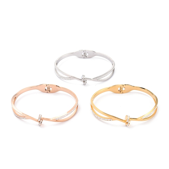 304 Stainless Steel Bangles, with Polymer Clay Rhinestone, Flat Round, Crystal