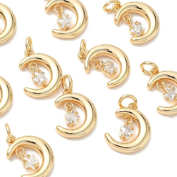 SHEGRACE Brass Micro Pave Cubic Zirconia Pendants, Cadmium Free & Nickel Free & Lead Free, Moon Charms, Clear