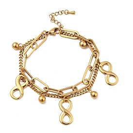 Infinity and Round Ball Charm Multi-strand Bracelet, Vacuum Plating 304 Stainless Steel Double Layered Chains Bracelet for Women