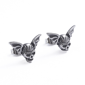 Retro 304 Stainless Steel Stud Earrings, with Ear Nuts, Skull with Wing