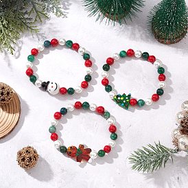 3 шт. 3 стили рождественская серия натуральный фуксит и машан нефрит бусины эластичные браслеты, браслеты из бусин-лэмпворк и ракушек для мужчин и женщин
