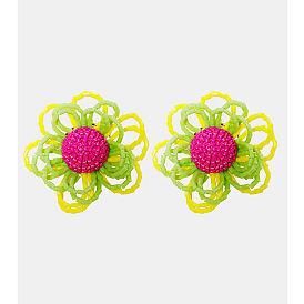 Boho Glass Bead Earrings with Geometric Crystal Flower Design by JURAN