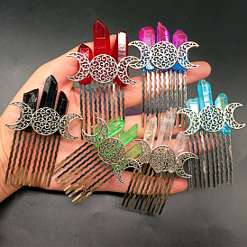 Moon Natural Dyed Quartz Hair Combs, with Alloy Combs, Hair Accessories for Women Girls