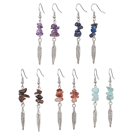 Natural Mixed Stone Dangle Earring, Moon & Star 304 Stainless Steel Earring for Women, Feather