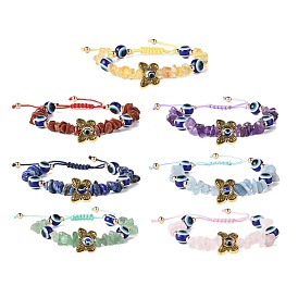Adjustable Natural Gemstone Chip Braided Bead Bracelet, Resin Evil Eye & Alloy Butterfly Bracelets for Women