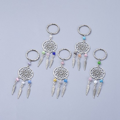Keychain, with Cat Eye Beads, Alloy Findings and Iron Findings, Woven Net/Web with Feather