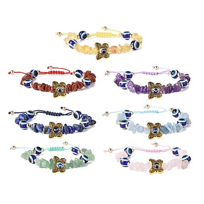 Verstellbares geflochtenes Perlenarmband aus natürlichen Edelsteinsplittern, Harz böser Blick & Schmetterlingsarmbänder aus Legierung für Frauen