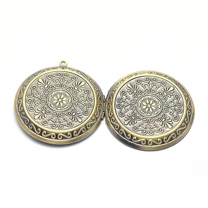 Brass Locket Pendants, Photo Frame Charms for Necklaces, Cadmium Free & Nickel Free & Lead Free, Flat Round with Flower