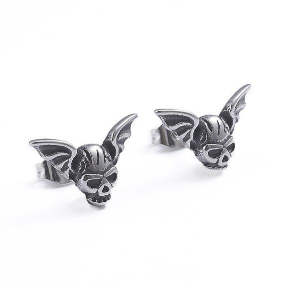 Retro 304 Stainless Steel Stud Earrings, with Ear Nuts, Skull with Wing