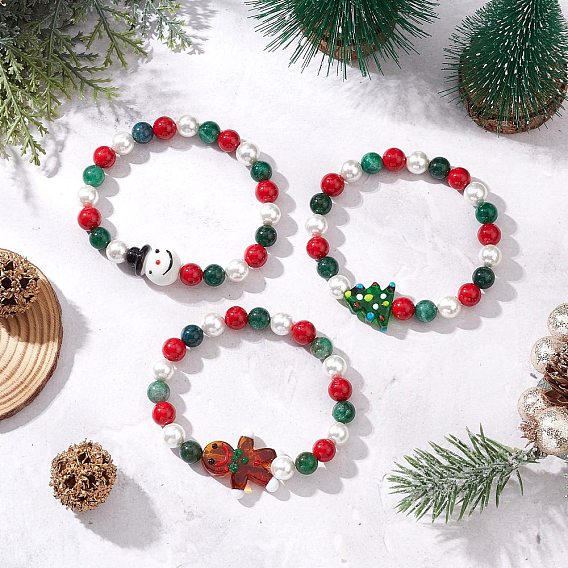 3 шт. 3 стили рождественская серия натуральный фуксит и машан нефрит бусины эластичные браслеты, браслеты из бусин-лэмпворк и ракушек для мужчин и женщин
