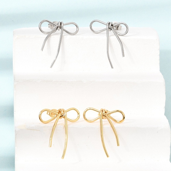 304 Stainless Steel Stud Earrings, Bowknot, PVD Vacuum Plating