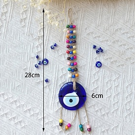 Turkish Style Glass Flat Round with Evil Eye Pendant Decorations, Wood Beads and Hemp Cord Wall Hanging Decoration