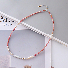 Ожерелья из натурального барочного жемчуга и ограненного круглого натурального родонита с цепочками на концах из стерлингового серебра