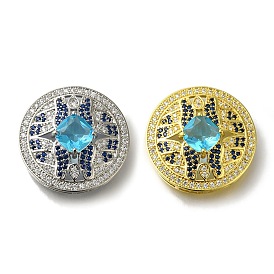 Rack Plating Brass Micro Pave Cubic Zirconia Links, Lead Free & Cadmium Free, Long-Lasting Plated, Flat Round, Sky Blue