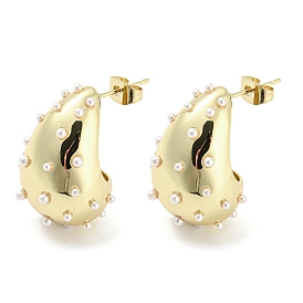 Brass Teardrop Stud Earrings with ABS Imitation Pearl Beaded