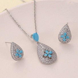 Комплекты из латунных подвесок и серег-гвоздиков с микропаве из кубического циркония, слеза