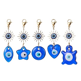 Glass Mixed Shapes with Evil Eye & Brass Sun Pendant Decorations, with 304 Stainless Steel Lobster Claw Clasps