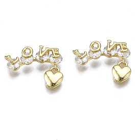 Brass Clear Cubic Zirconia Pendant Link Connectors, Cadmium Free & Nickel Free & Lead Free, Love with Heart
