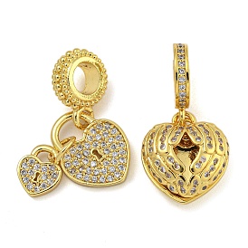 Rack Plating Brass Micro Pave Clear Cubic Zirconia European Dangle Charms, Heart Large Hole Pendants, Long-Lasting Plated, Cadmium Free & Lead Free