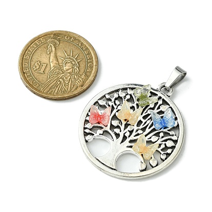 Antique Silver Tone Alloy Pendants, Tree of Life Charms with Resin Butterfly Cabochons and 304 Stainless Steel Snap on Bails