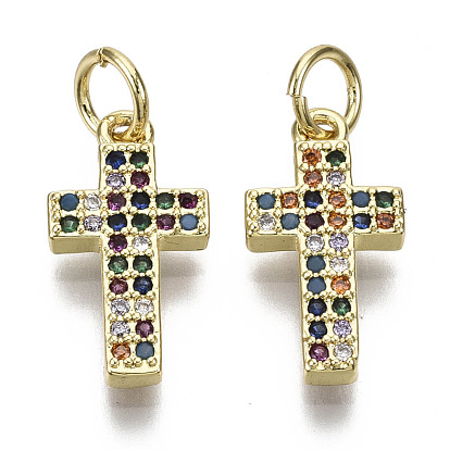 Brass Micro Pave Colorful Cubic Zirconia Tiny Cross Charms, with Jump Ring, Nickel Free