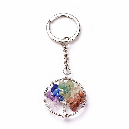 Chakra Jewelry, Natural & Synthetic Mixed Stone Keychain, with Brass Findings and Iron Ring, Flat Round with Tree
