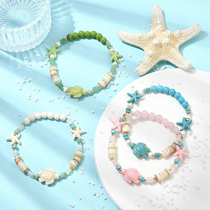 Эластичные браслеты для женщин из натуральных пресноводных ракушек и драгоценных камней, синтетической бирюзы и немагнитного гематита., черепаха и морская звезда