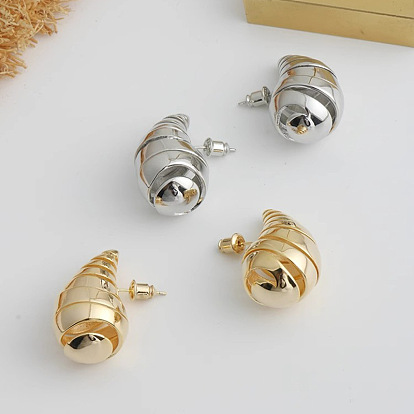 Fashionable C-shaped water drop earrings with spiral pattern - metal, hollowed-out, silver needle.