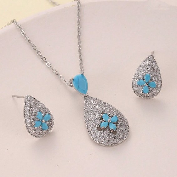 Комплекты из латунных подвесок и серег-гвоздиков с микропаве из кубического циркония, слеза