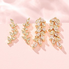 Brass Pave Cubic Zirconia Stud Crawler Earrings, Leaf, Real 18K Gold Plated, Cadmium Free & Lead Free, Long-Lasting Plated, Rack Plating