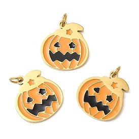 Halloween Ion Plating(IP) 304 Stainless Steel Charms, with Enamel and Jump Ring, Golden, Pumpkin Charm