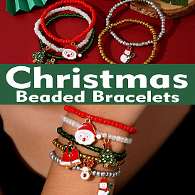 Рождественские 304 браслеты из нержавеющей стали с эмалированными подвесками, Браслеты из стеклянного бисера на резинке для женщин и мужчин