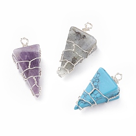 Pendentifs de pierres précieuses naturelles et synthétiques, avec fil de cuivre plaqué argent enroulé, pyramide