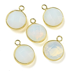 Faceted Opalite Pendants, Rack Plating Brass Flat Round Charms, Golden, Cadmium Free & Lead Free