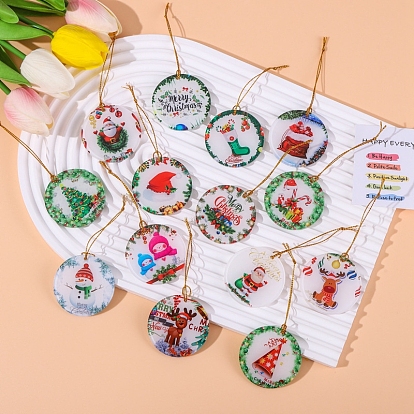 Christmas Acrylic Flat Round Pendant Decoraions, for Christmas Tree Hanging Ornament