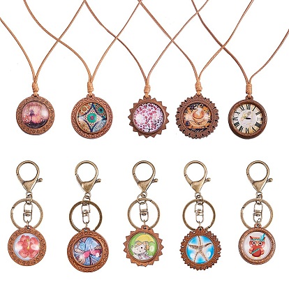 DIY Keychain, with Wood Pendant Cabochon Settings, Clear Glass Cabochons, Waxed Polyester Cord, Brass Jump Rings and Iron Lobster Clasp Keychain