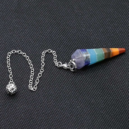 Chakra Natural Mixed Stone Hexagonal Pointed Dowsing Pendulums, with Platinum Plated Brass Chains, Faceted Charm, Pyramid/Hexagonal Prism Pattern, Mixed Dyed and Undyed